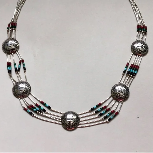 Vintage Native American Sterling Silver Gem Bead Kachina Medallion Necklace
